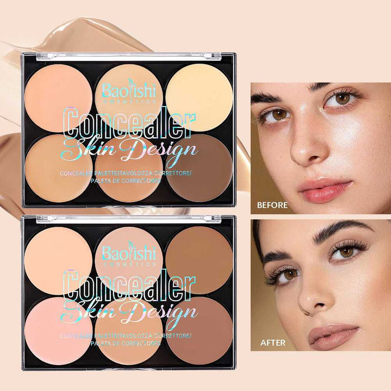 Contour Compact Makeup Moisturizing Light Concealer Duo by Baoyishi Cosmetics with six natural shades for brightening and contouring. Includes before and after comparison showing flawless, even-toned skin.