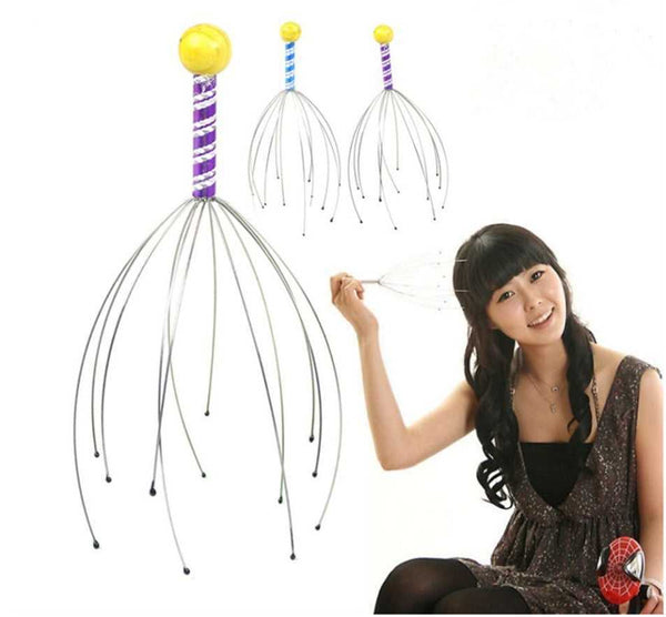 Octopus Scalp Massager Manual Head Massaging Claw for Relaxation with flexible metal prongs and colorful handle, ideal for stress relief.