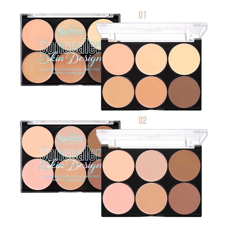 Contour Compact Makeup Moisturizing Light Concealer Duo by Baoyishi Cosmetics with six natural shades for brightening and contouring. Includes before and after comparison showing flawless, even-toned skin.