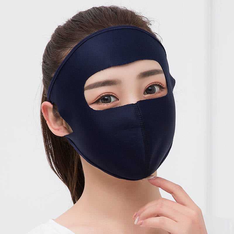 Summer ice silk breathable mask female sunscreen full face mask in light blue, offering UV protection and sweat-free comfort for outdoor wear.