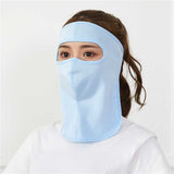 Summer ice silk breathable mask female sunscreen full face mask in light blue, offering UV protection and sweat-free comfort for outdoor wear.