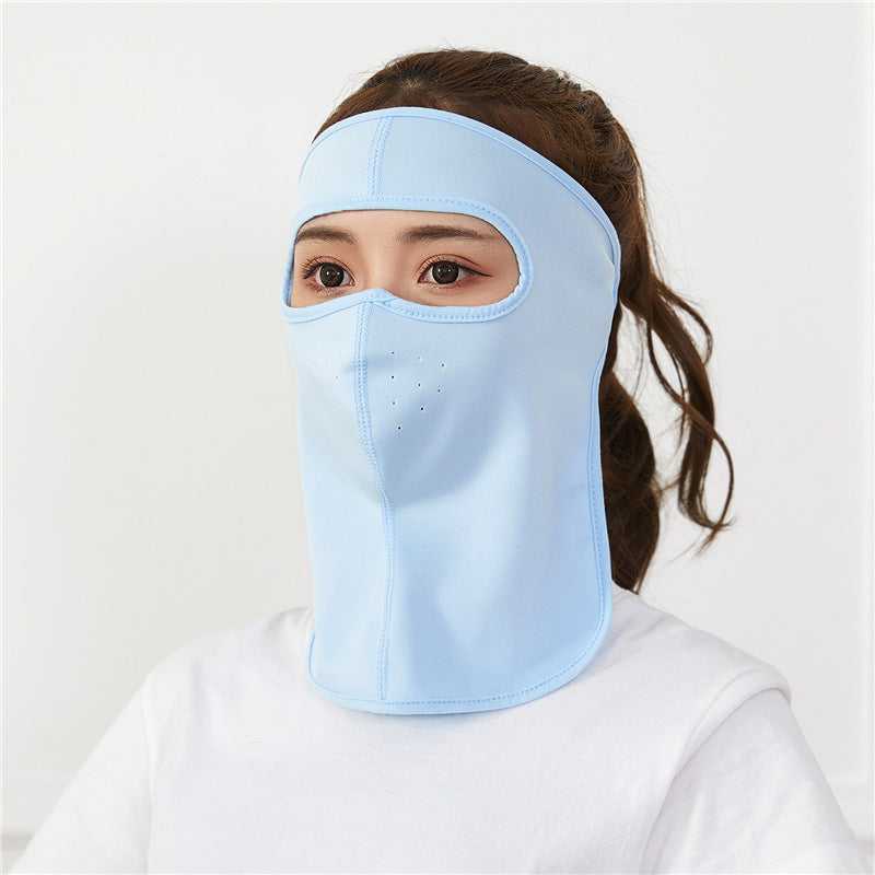 Summer ice silk breathable mask female sunscreen full face mask in light blue, offering UV protection and sweat-free comfort for outdoor wear.