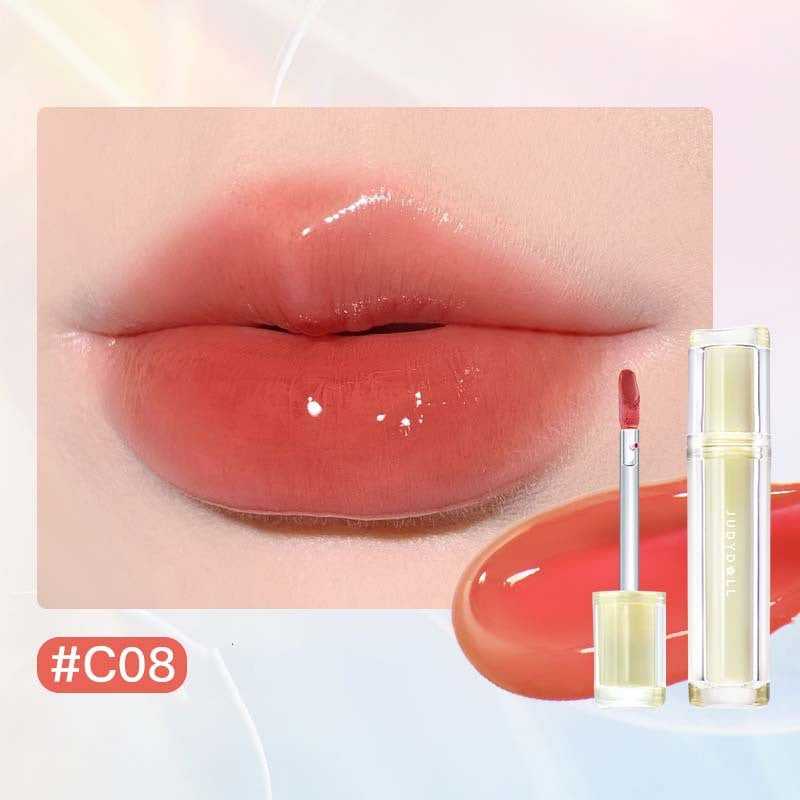 Iced Tea Mirror Lip Gloss Glassy Brown Jelly Lipstick Shine in four shades: Citrus, Brown, Violet, and Peach. Sleek tubes with glossy finish.