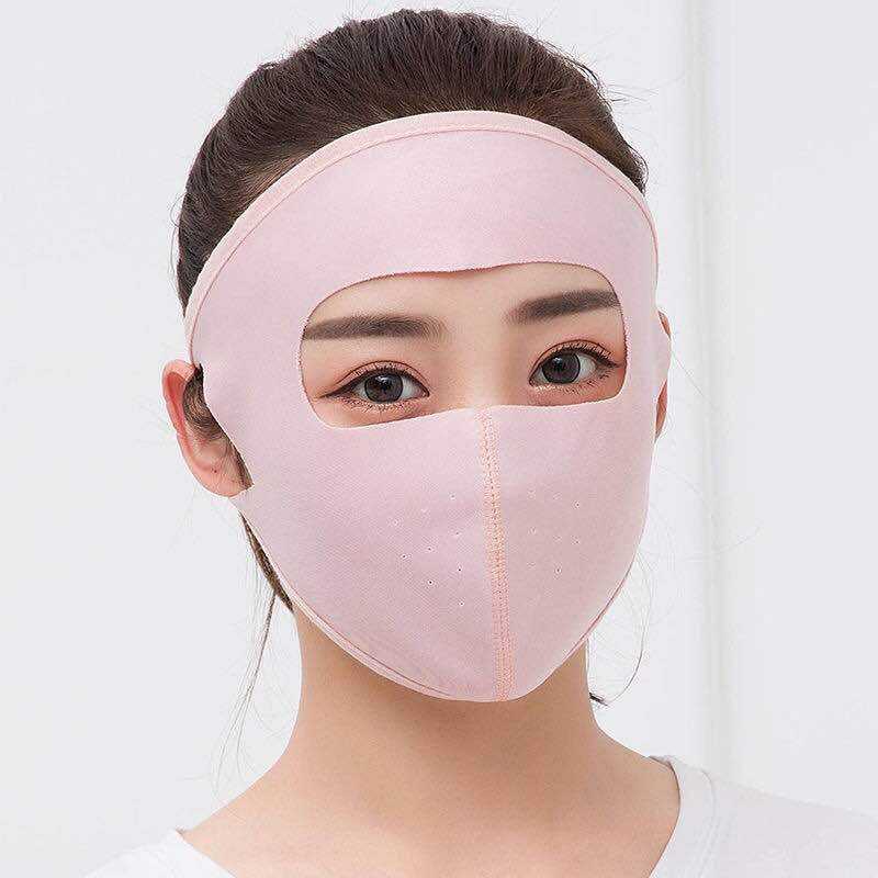 Summer ice silk breathable mask female sunscreen full face mask in light blue, offering UV protection and sweat-free comfort for outdoor wear.