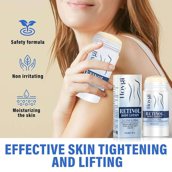 Retinol Body Stick Whitening, Firming & Moisturizing Skin Care shown in use on woman's shoulder. Features include safety formula, non-irritating, and deep hydration.