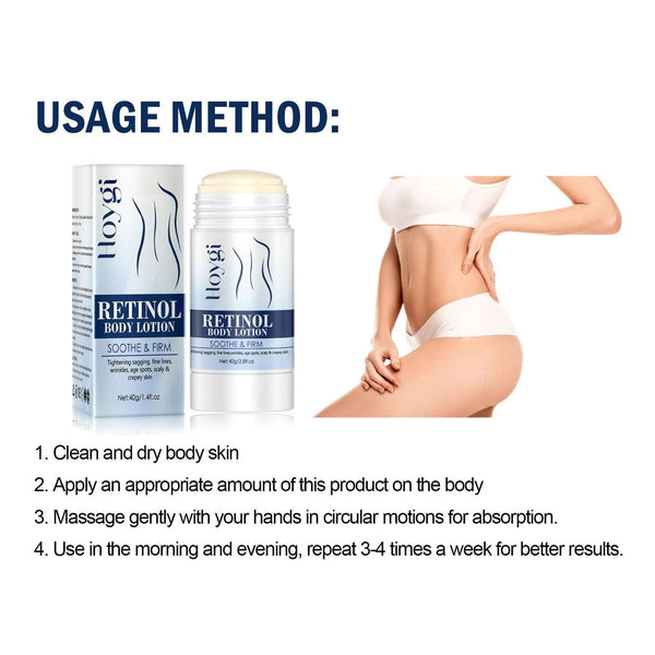 Retinol Body Stick Whitening, Firming & Moisturizing Skin Care shown in use on woman's shoulder. Features include safety formula, non-irritating, and deep hydration.