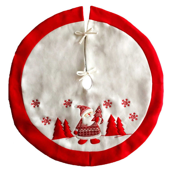 Christmas Tree Skirt Premium Holiday Decoration for Xmas Trees featuring Santa Claus, red border, and snowflake accents. Ideal for hiding tree stands.