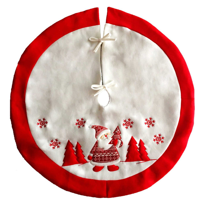 Christmas Tree Skirt Premium Holiday Decoration for Xmas Trees featuring Santa Claus, red border, and snowflake accents. Ideal for hiding tree stands.
