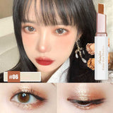 Lazy Eyeshadow Stick Double Color Gradient Shimmer applied on eyelid, showing smooth blend and waterproof shimmer finish.