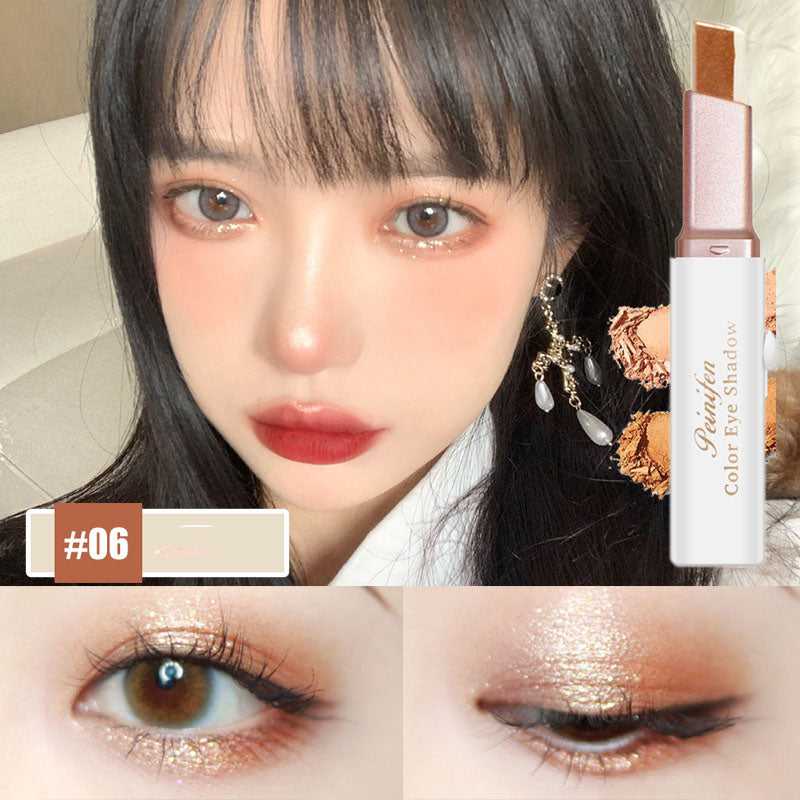 Lazy Eyeshadow Stick Double Color Gradient Shimmer applied on eyelid, showing smooth blend and waterproof shimmer finish.