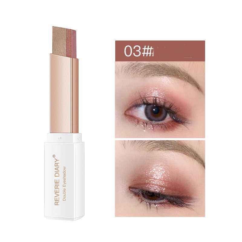 Lazy Eyeshadow Stick Double Color Gradient Shimmer applied on eyelid, showing smooth blend and waterproof shimmer finish.