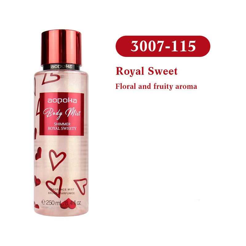 Body Spray Perfume for Women Fresh Long-Lasting Fragrance in shimmer royal sweety scent with heart design bottle, 250ml size. Ideal for daily feminine use.