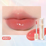 Iced Tea Mirror Lip Gloss Glassy Brown Jelly Lipstick Shine in four shades: Citrus, Brown, Violet, and Peach. Sleek tubes with glossy finish.
