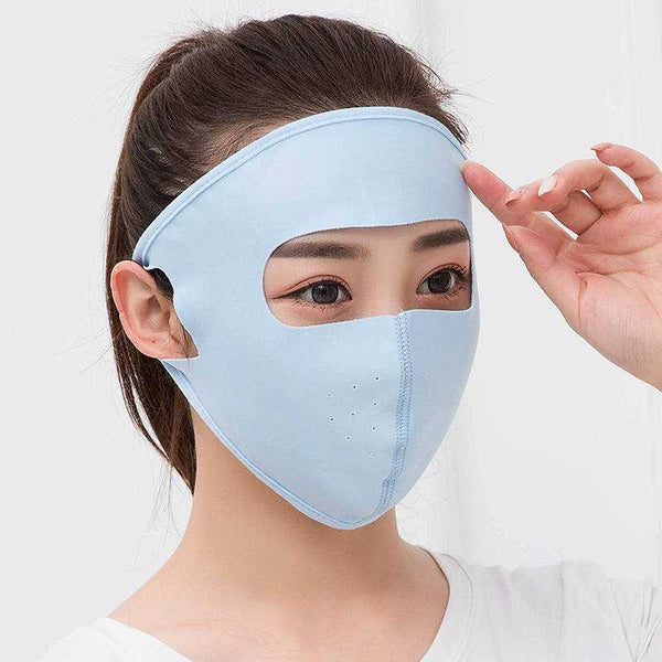 Summer ice silk breathable mask female sunscreen full face mask in light blue, offering UV protection and sweat-free comfort for outdoor wear.