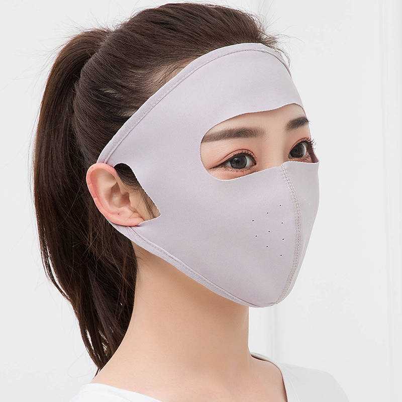 Summer ice silk breathable mask female sunscreen full face mask in light blue, offering UV protection and sweat-free comfort for outdoor wear.