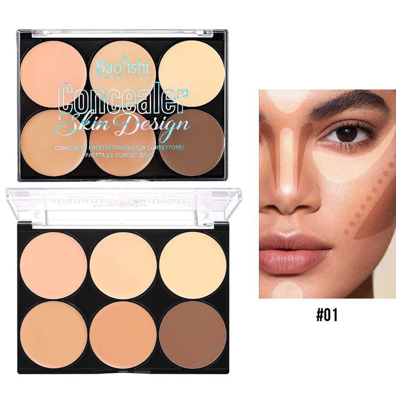 Contour Compact Makeup Moisturizing Light Concealer Duo by Baoyishi Cosmetics with six natural shades for brightening and contouring. Includes before and after comparison showing flawless, even-toned skin.