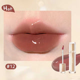Iced Tea Mirror Lip Gloss Glassy Brown Jelly Lipstick Shine in four shades: Citrus, Brown, Violet, and Peach. Sleek tubes with glossy finish.