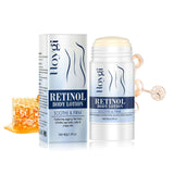 Retinol Body Stick Whitening, Firming & Moisturizing Skin Care shown in use on woman's shoulder. Features include safety formula, non-irritating, and deep hydration.