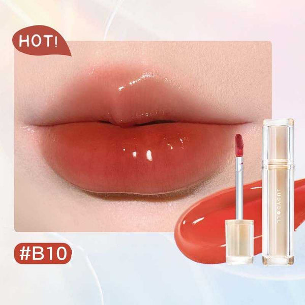 Iced Tea Mirror Lip Gloss Glassy Brown Jelly Lipstick Shine in four shades: Citrus, Brown, Violet, and Peach. Sleek tubes with glossy finish.