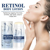 Retinol Body Stick Whitening, Firming & Moisturizing Skin Care shown in use on woman's shoulder. Features include safety formula, non-irritating, and deep hydration.