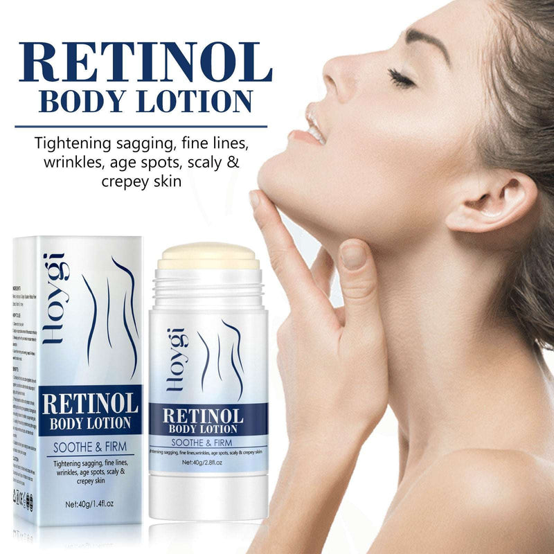 Retinol Body Stick Whitening, Firming & Moisturizing Skin Care shown in use on woman's shoulder. Features include safety formula, non-irritating, and deep hydration.