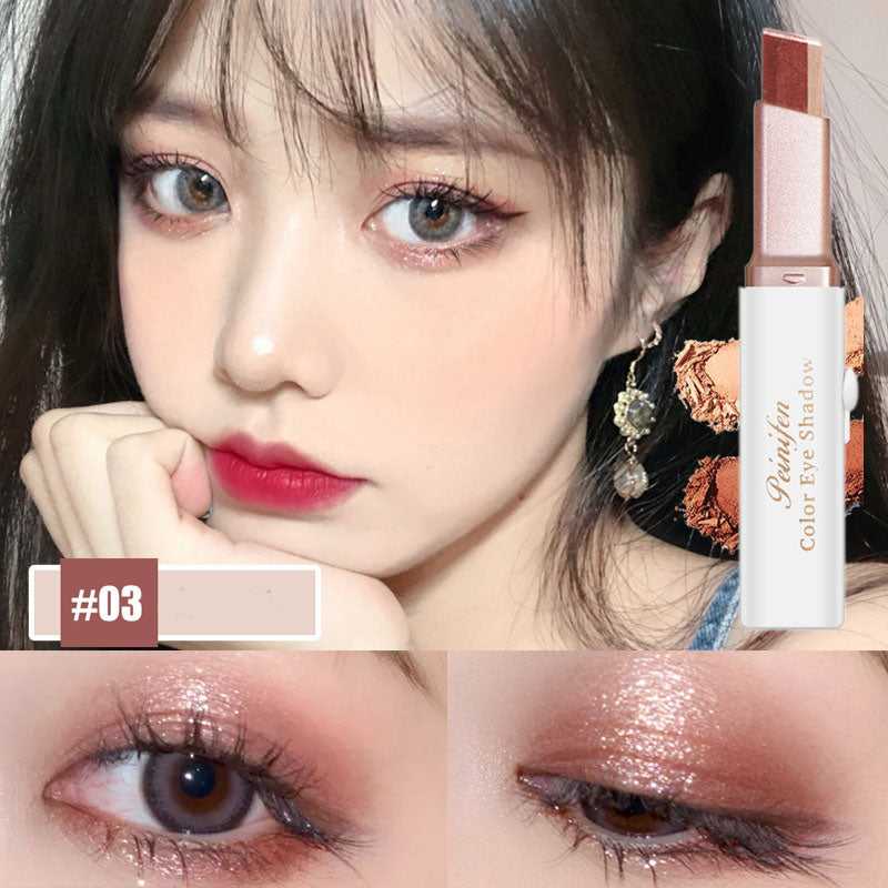 Lazy Eyeshadow Stick Double Color Gradient Shimmer applied on eyelid, showing smooth blend and waterproof shimmer finish.